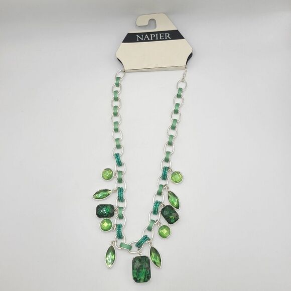 Vintage Napier Rhinestone Necklace, Green Silver Toned Adjustable - Picture 4 of 5